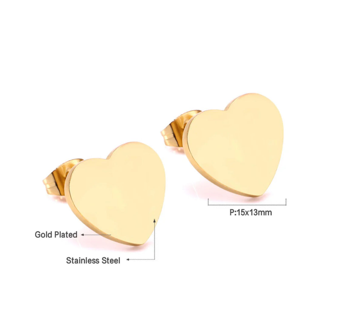 Gold flat heart stud earrings