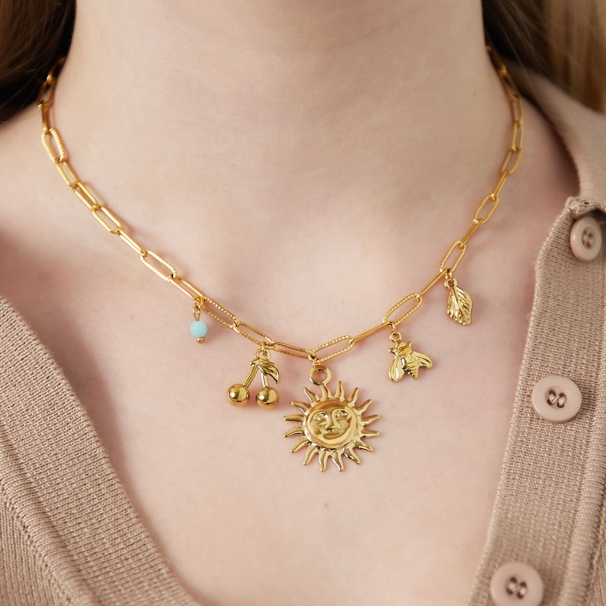 NEW Sun Cherry charms gold necklace