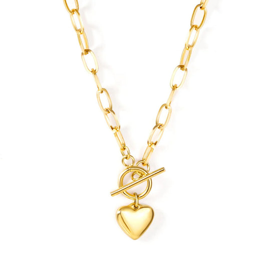 Puffed Heart paperclip toggle necklace