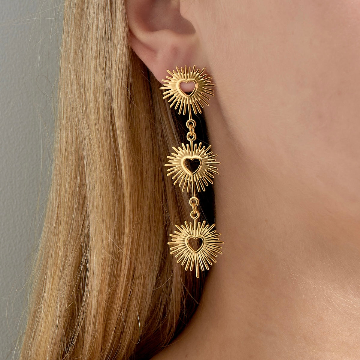 NEW Florence Starburst Heart Triple Drop Earrings - gold or silver