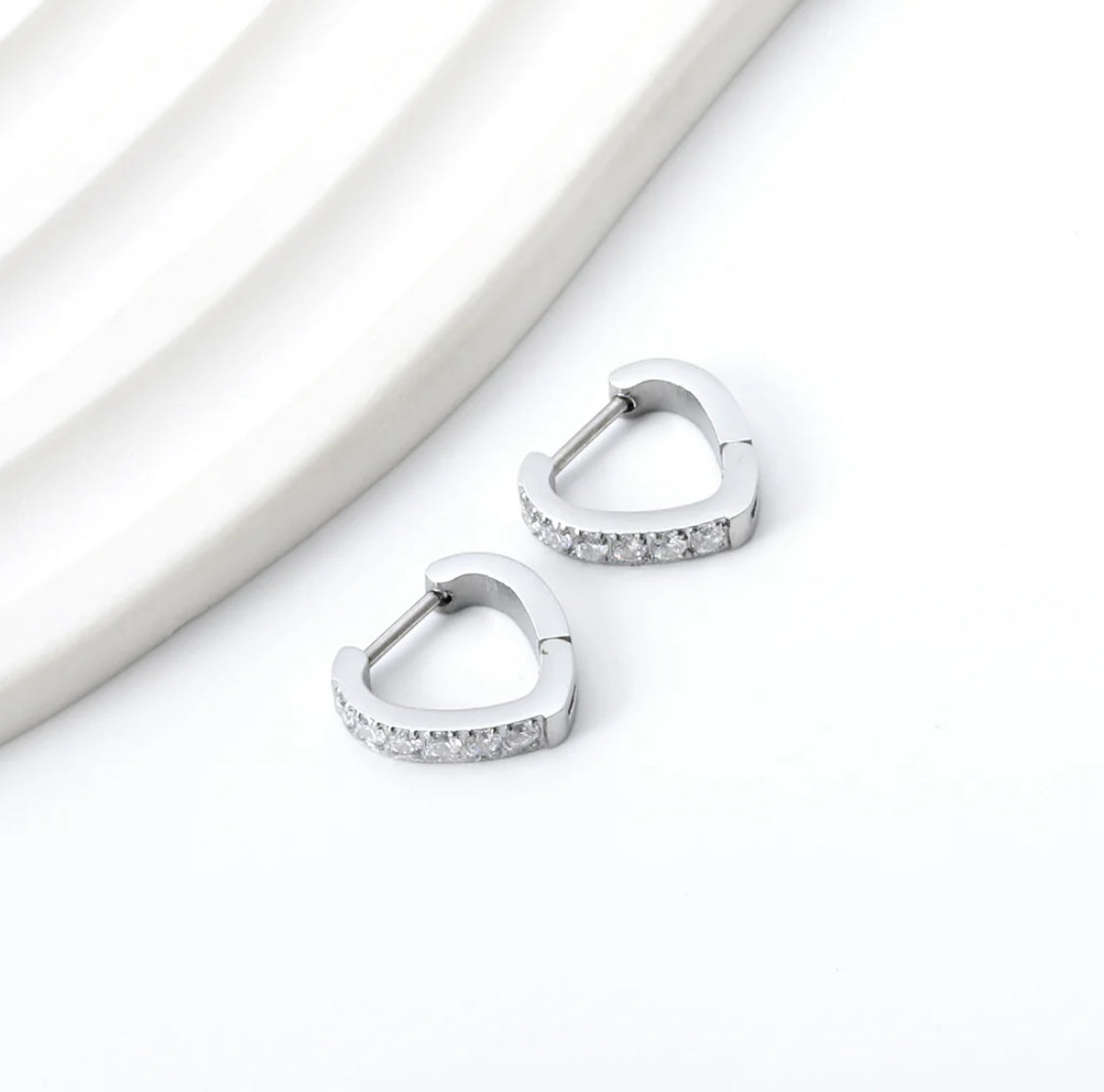 Crystal Heart Huggie Earrings Silver