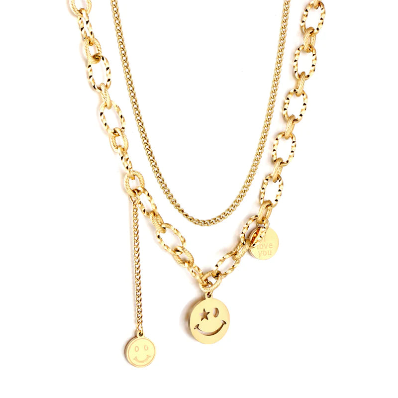 Last one: Smiley chunky gold layered necklace