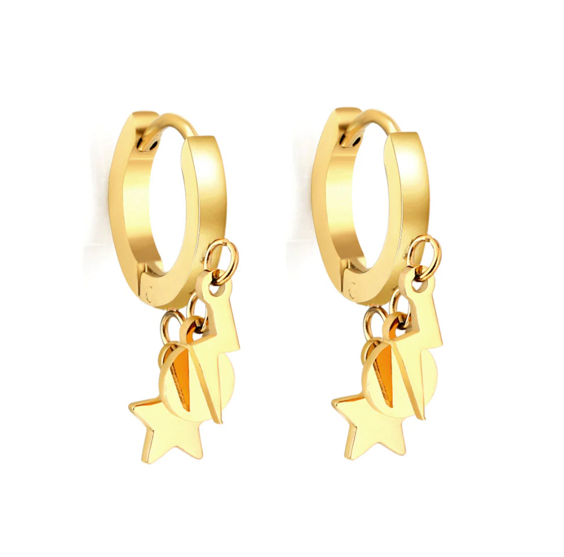 Sky triple drop star and lightening huggie earrings